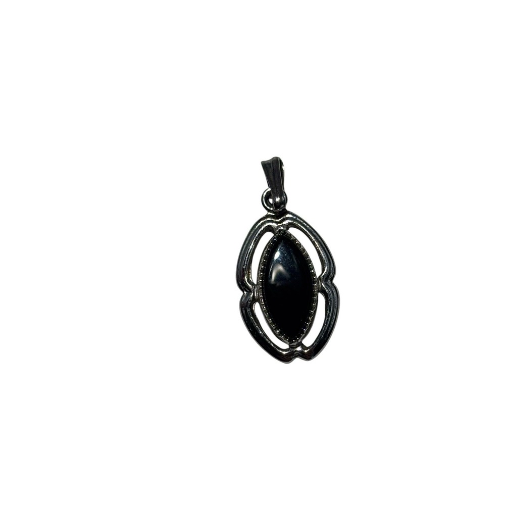 Vintage Sterling Silver 925 Elegant Marquise Black Onyx Dainty Necklace Pendant